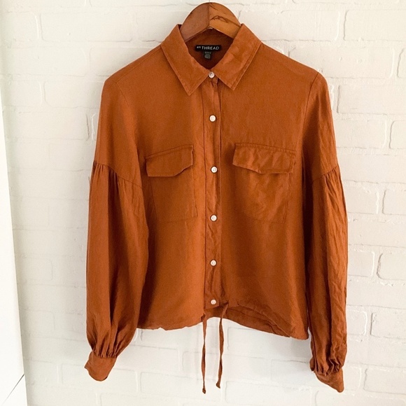 En thread Button down Lagenlook Linen Lyocell Puffy sleeve Pockets Cinnamon S - Picture 5 of 13